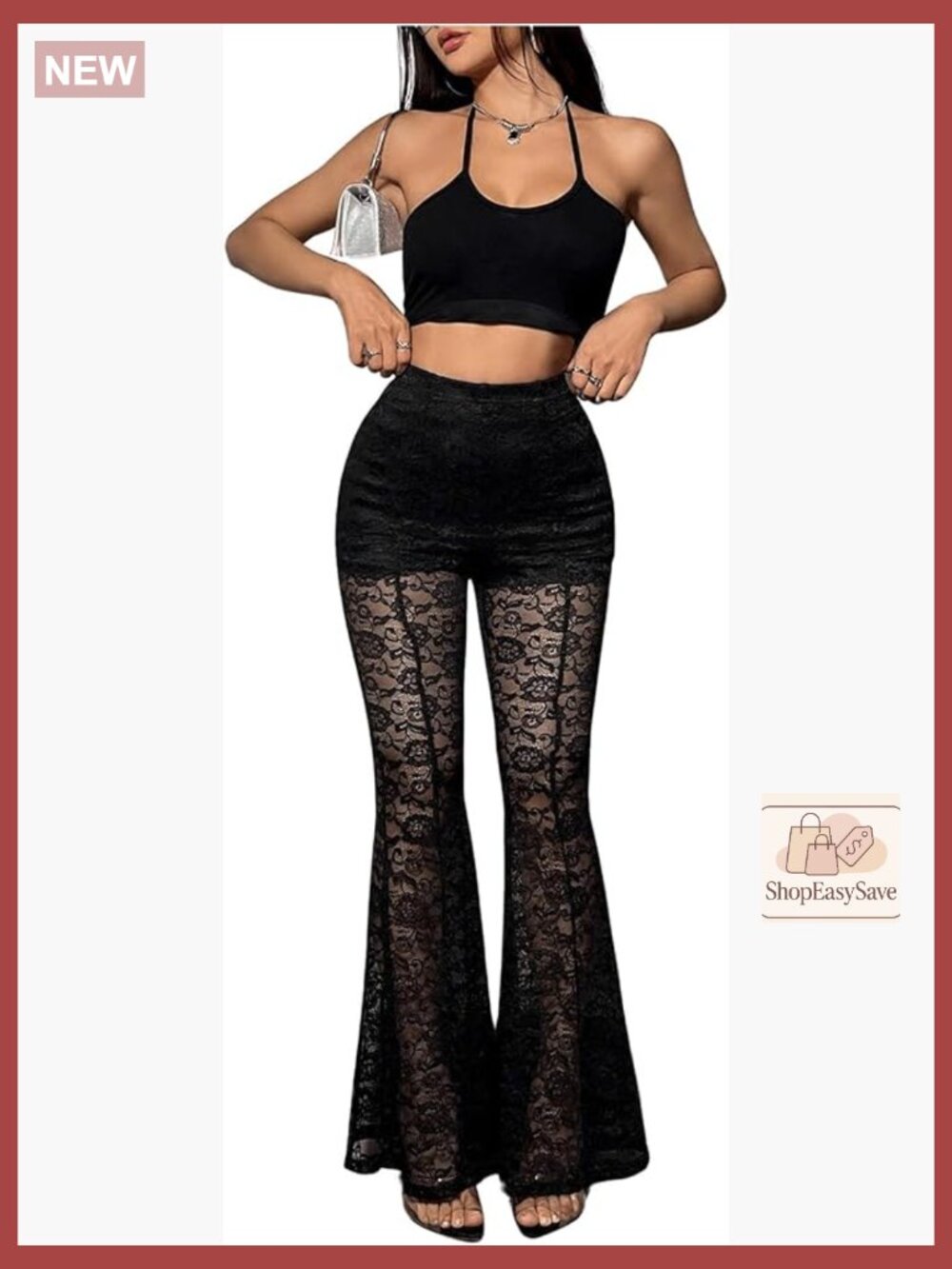 Floral Lace Sheer Bell Bottom Pants Elastic High Waist Party Flare Trousers